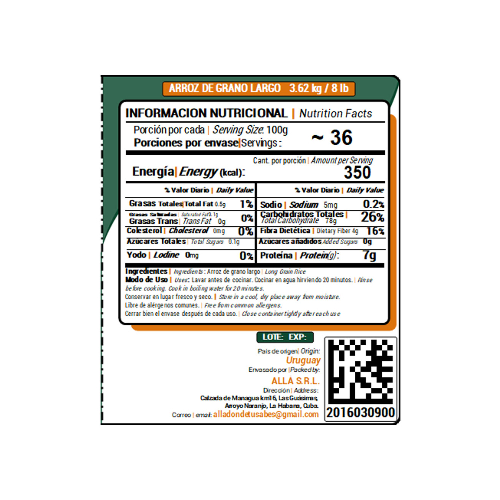 Arroz de grano largo ALLÁ (3.62 kg / 8 lb) - Miniatura 3