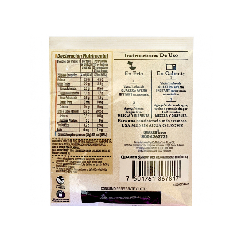 Combo de cereal para desayuno sin azúcar quaker sabor miel con almendras (35 g / 1.23 oz) + platano y nueces (40 g / 1.41 oz) - Miniatura 2