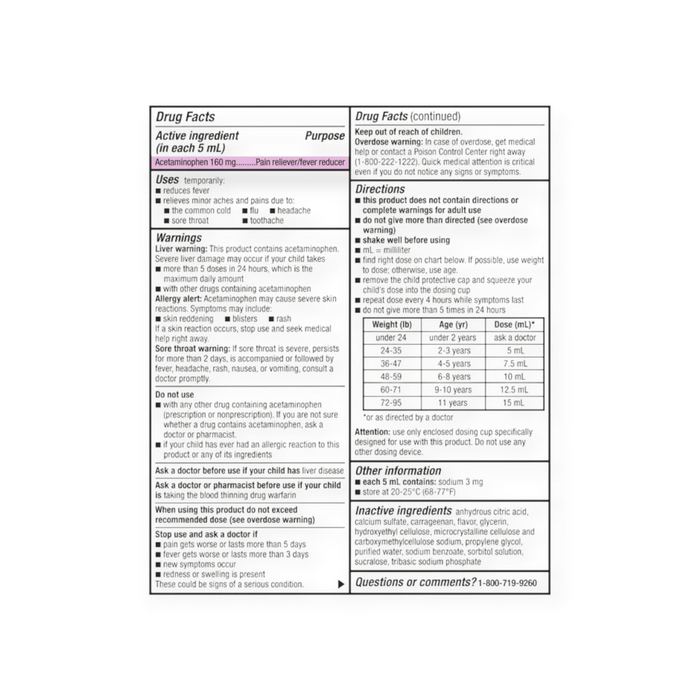 Acetaminofen en suspensión oral para niños con sabor a cereza 160 mg / 5 ml Equate (237 ml / 8 fl.oz) - Miniatura 2