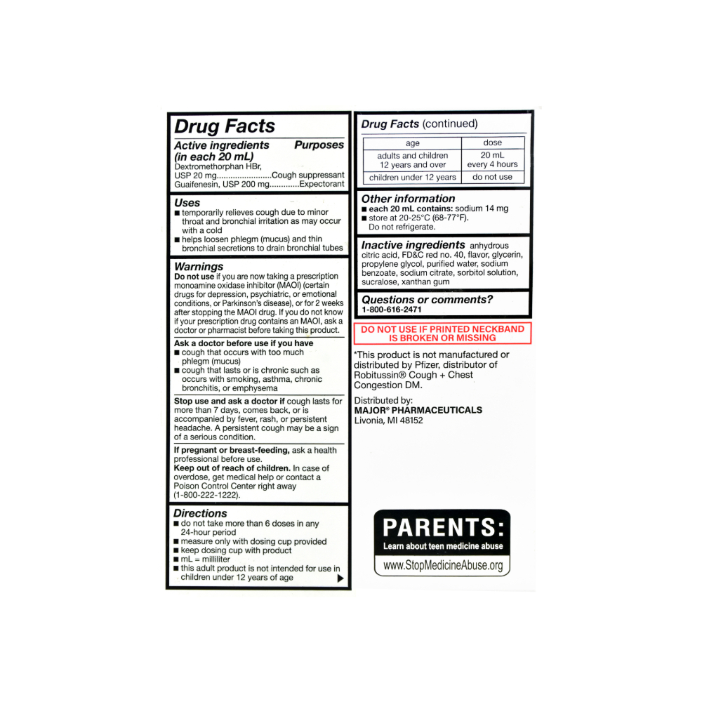 Robafen DM. Dextrometorfano bromidrato 20 mg + Guaifenesina 200 mg Major (118 ml / 4 fl. oz) - Miniatura 2