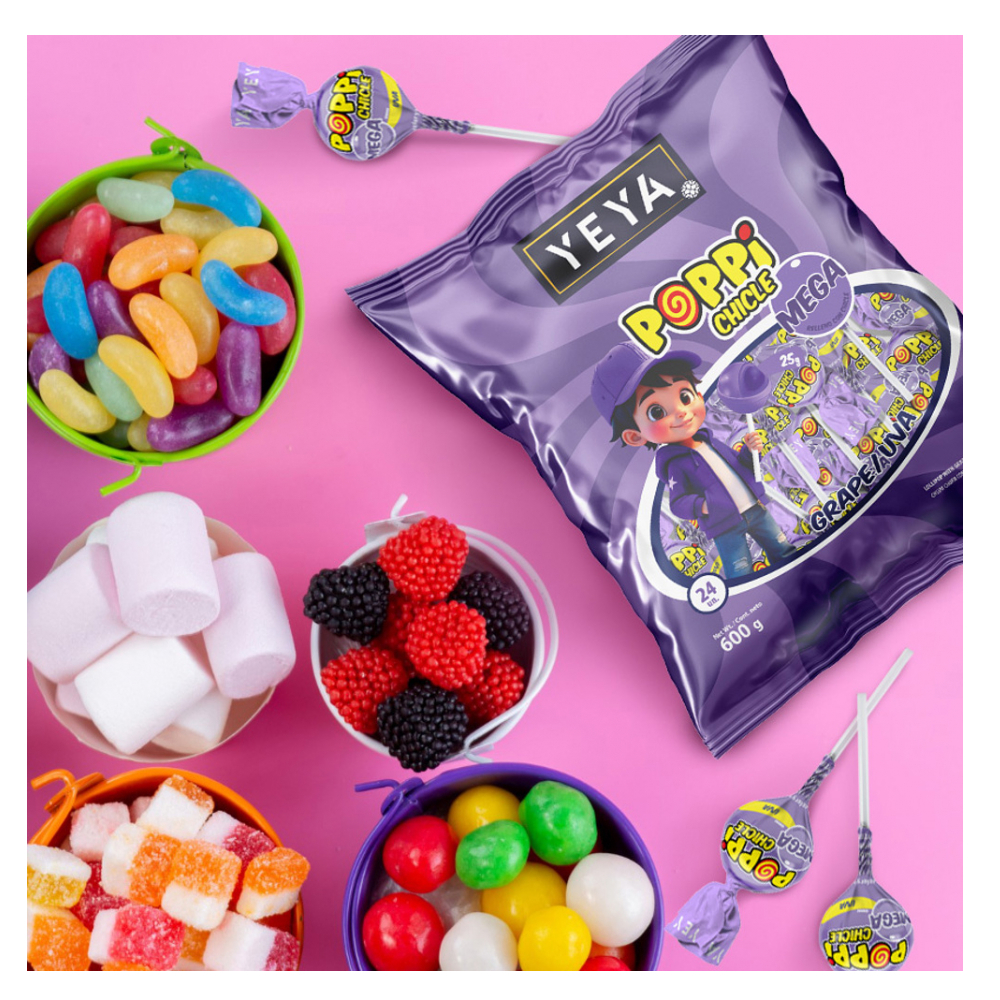 Chupa chupas con relleno de chicle sabor uva YEYA (3 x 600 g / 1.32 lb) - Miniatura 3