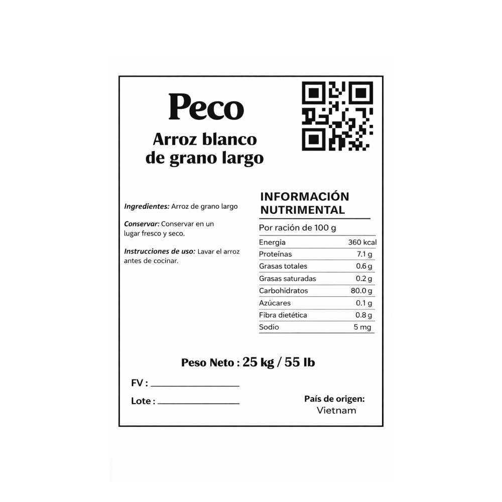 Arroz blanco de grano largo Peco (25 kg / 55 lb) - Miniatura 3