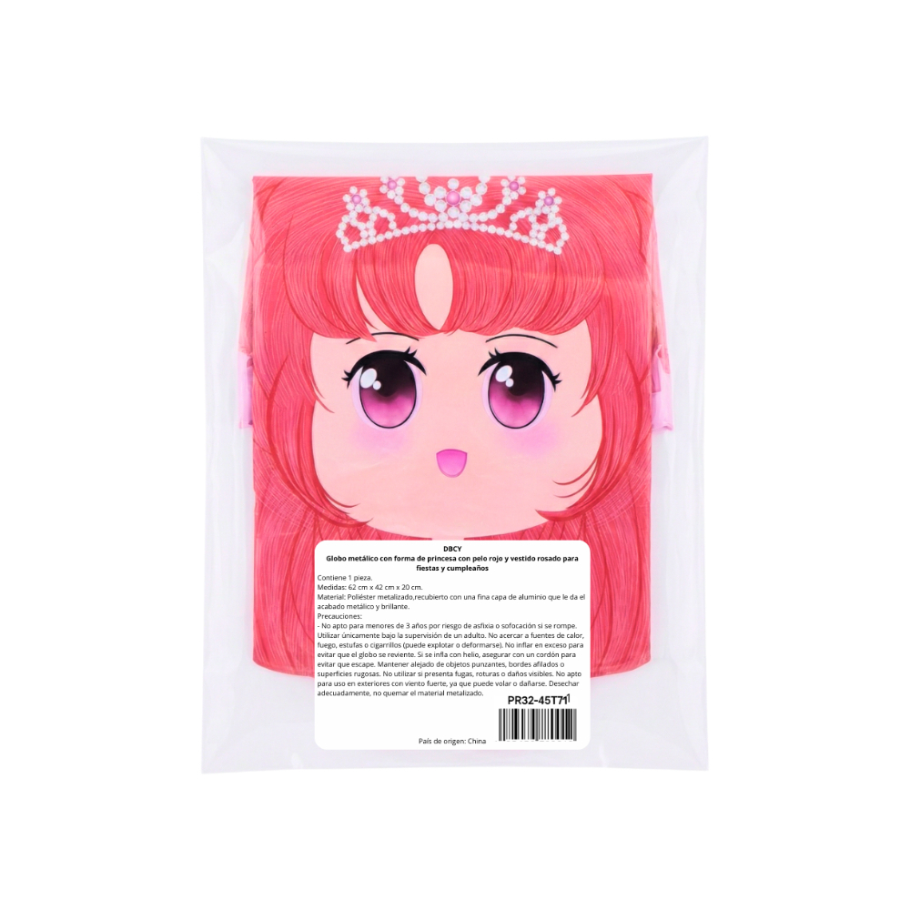 Globo metálico con forma de princesa con pelo rojo y vestido rosado para fiestas y cumpleaños DBCY - Miniatura 2