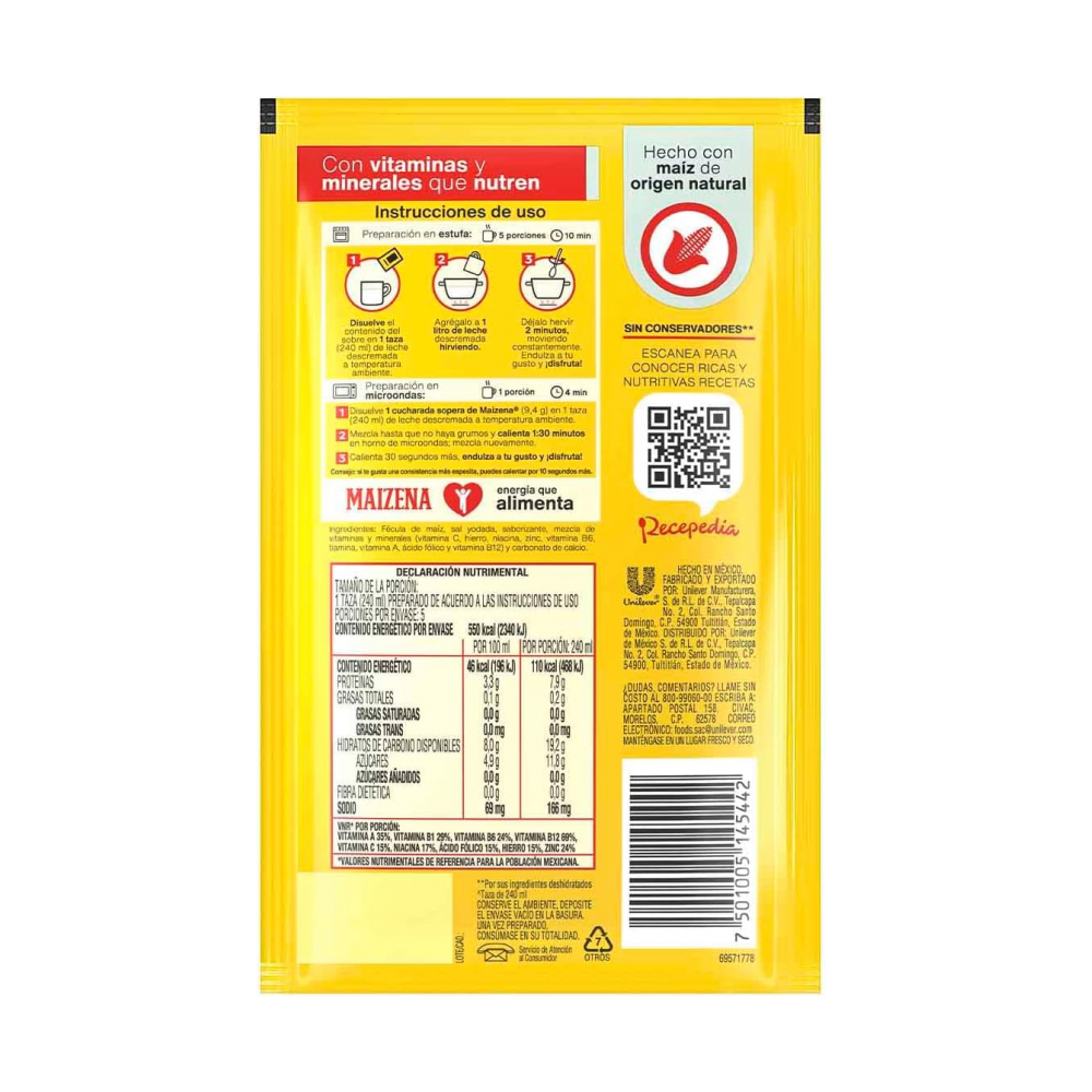 Fécula de maíz para preparar atole fortificado sabor coco Maizena (47 g / 1.66 oz) - Miniatura 2