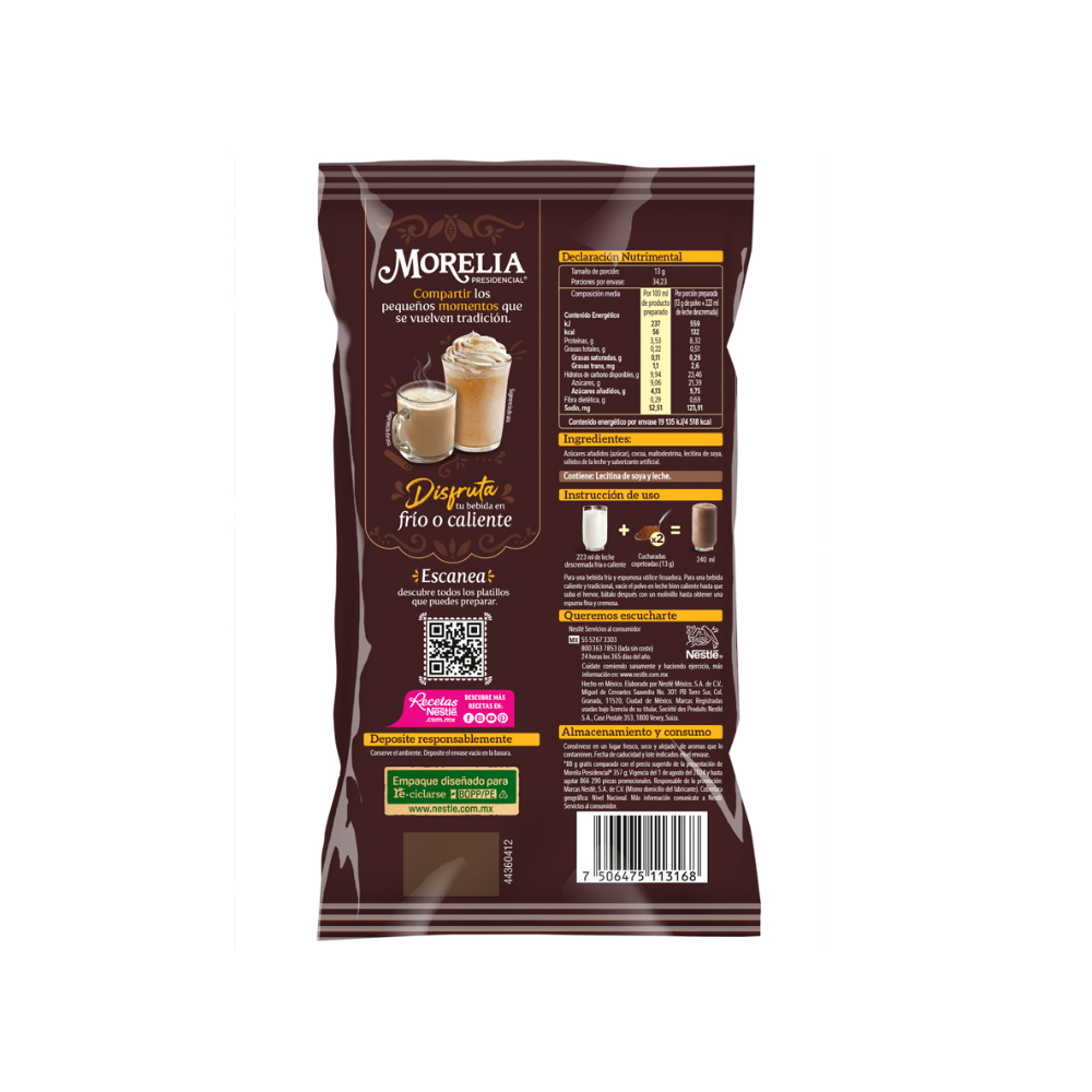 Alimento en polvo para preparar bebidas sabor chocolate Morelia Presidencial (445 g / 15.69 oz) - Miniatura 2