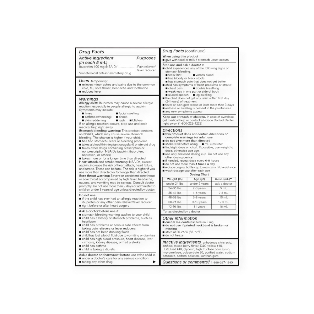 Ibuprofeno en suspensión oral para niños con sabor a baya 100 mg/5 ml Equate (273 ml / 8 fl.oz) - Miniatura 2
