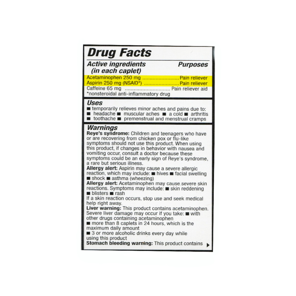 Acetaminofén 250 mg + Aspirina 250 mg + Cafeína 65 mg Rugby (100 tabletas) - Miniatura 2