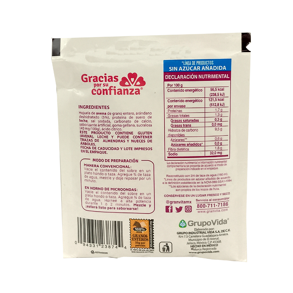 Avena instantánea integral sin azúcar sabor arádanos Ganvita (35 g / 1.23 oz) - Miniatura 2