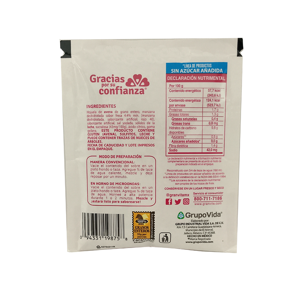 Avena integral instantánea sin azúcar sabor fresa con crema Granvita (35 g / 1.23 oz) - Miniatura 4