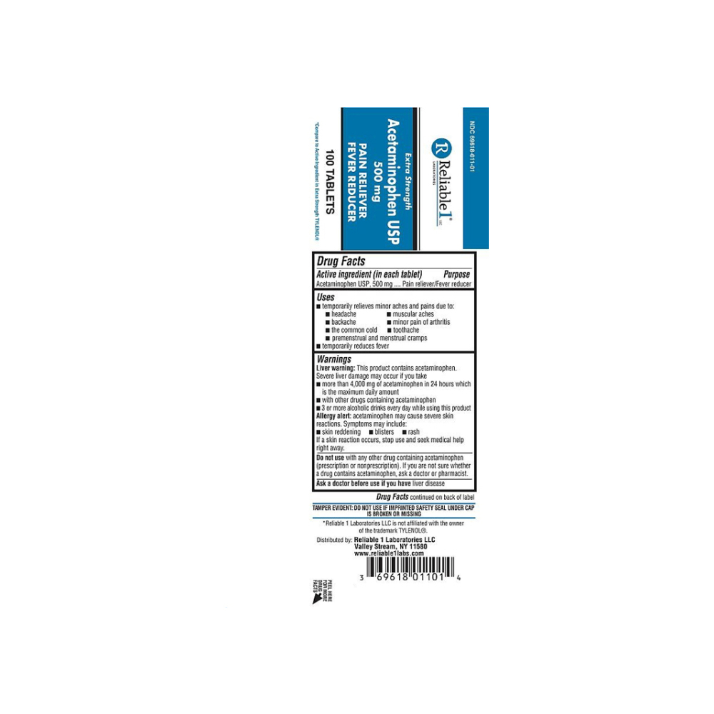 Acetaminofén 500 mg Reliable-1 (100 tabletas) - Miniatura 2