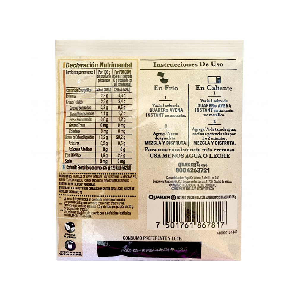 Cereal de avena integral sabor miel con almendras Quaker (35 g / 1.23 oz) - Miniatura 2