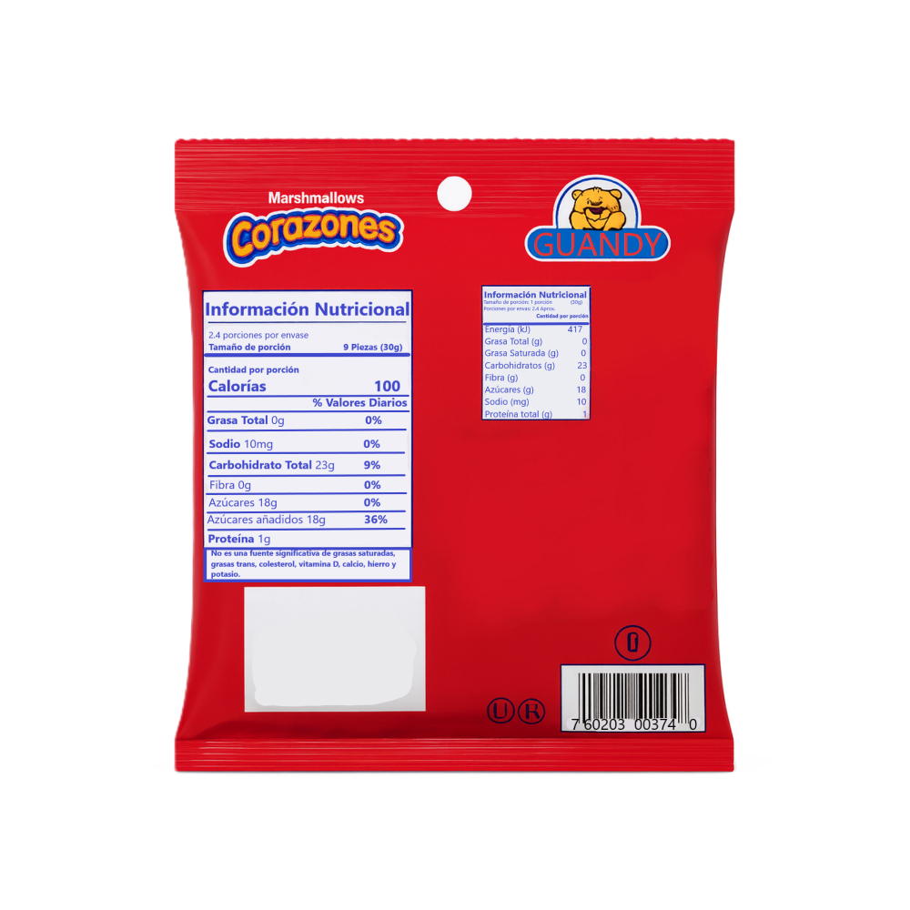 Malvaviscos en forma de corazón sabor vainilla y fresa Guandy (71 g / 2.5 oz) - Miniatura 3