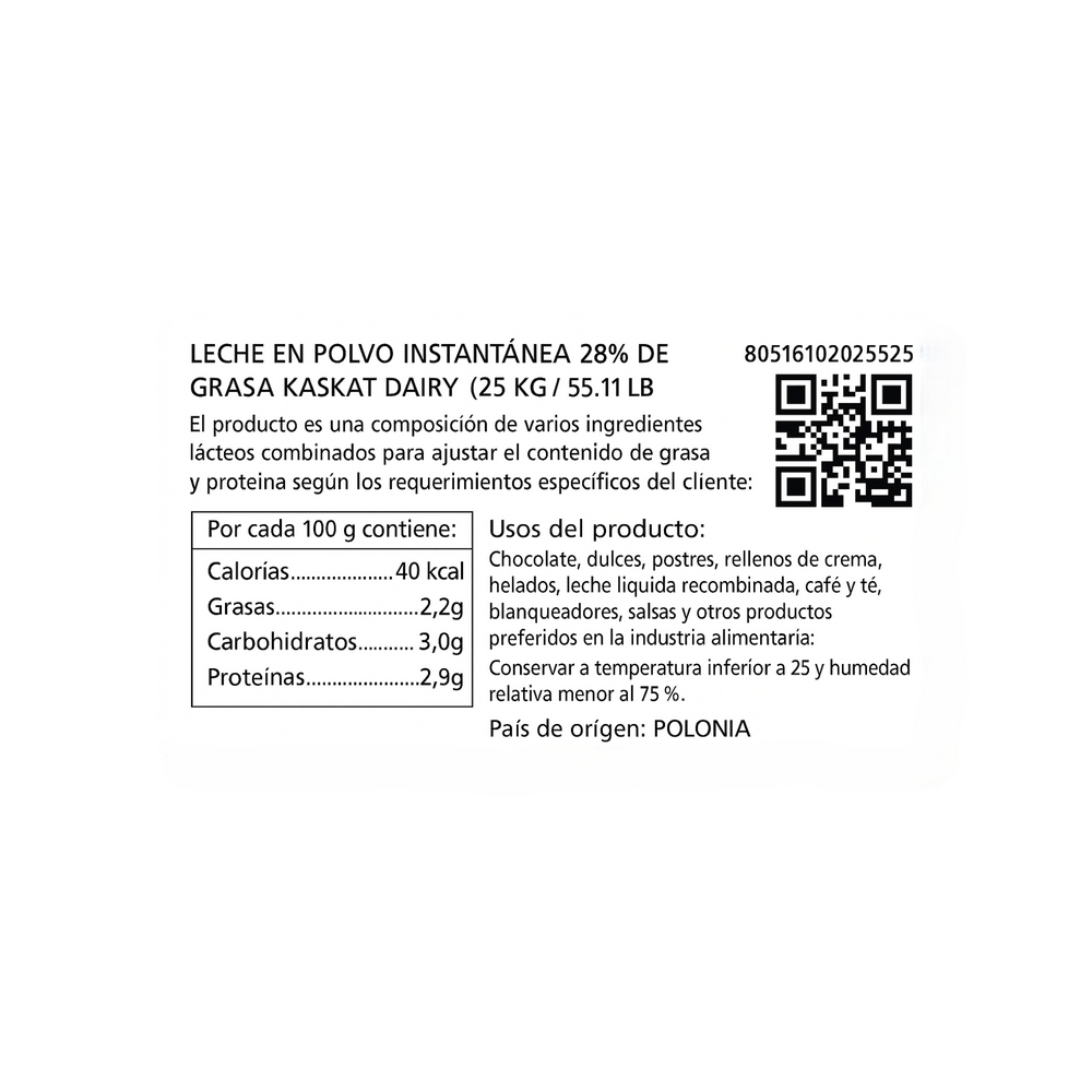 Leche en polvo instantánea 28% de grasa Kaskat dairy (25 kg / 55.11 lb) - Miniatura 4