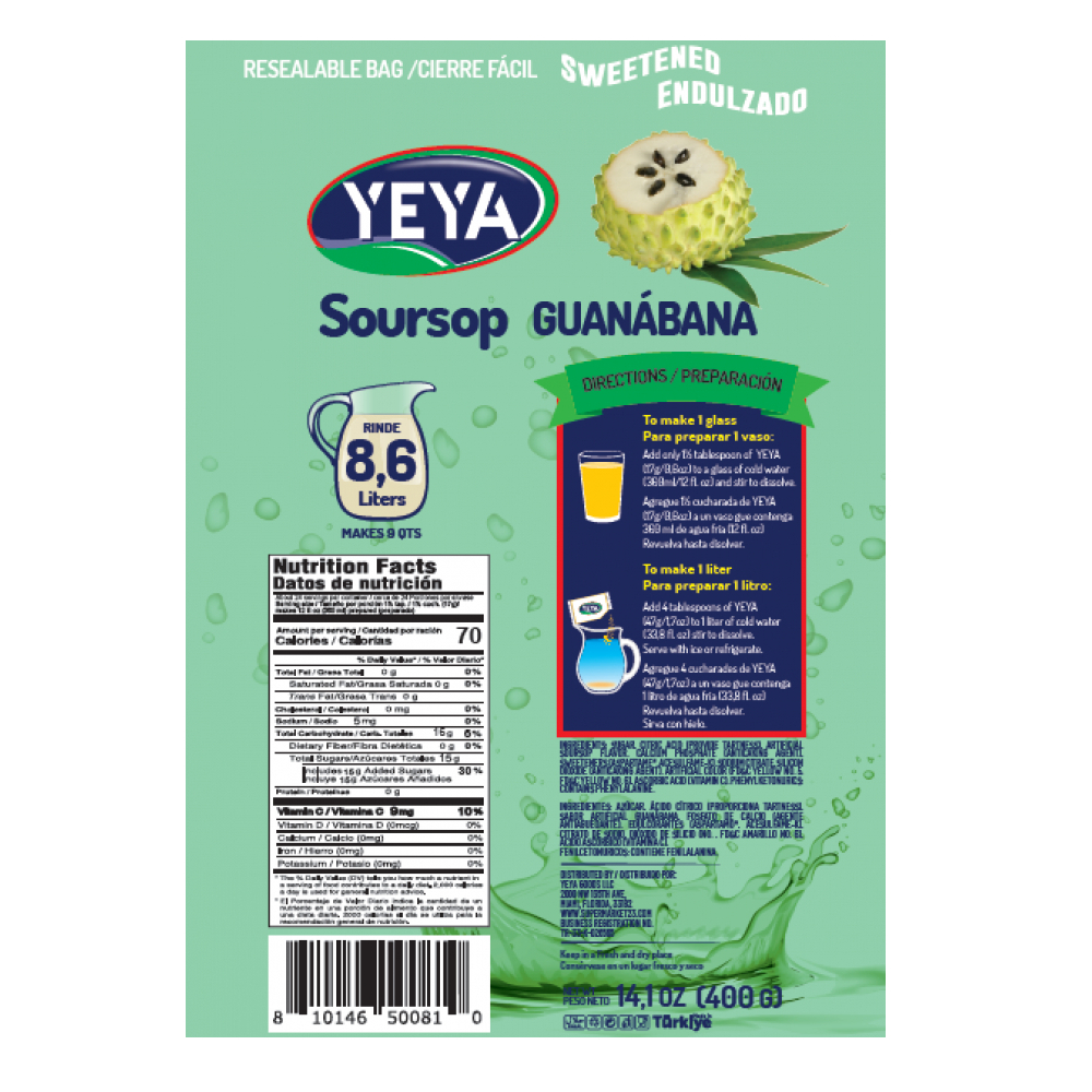 Refresco instantáneo -con azúcar- sabor a guanábana YEYA (15 x 400 g / 14.1 oz) - Miniatura 3