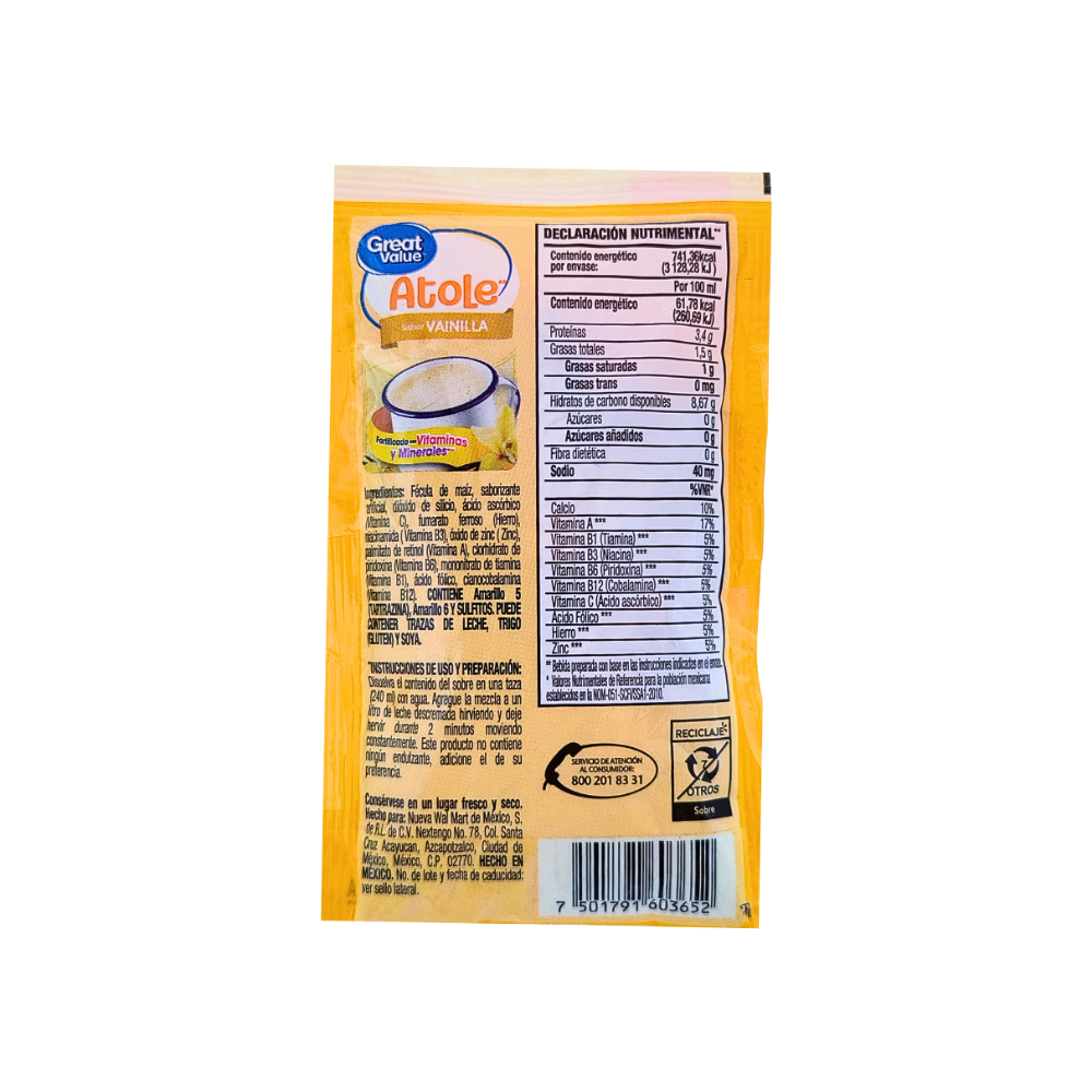 Polvo para preparar atole sabor vainilla fortificado con vitaminas y minerales Great Value (45 g / 1.59 oz) - Miniatura 2