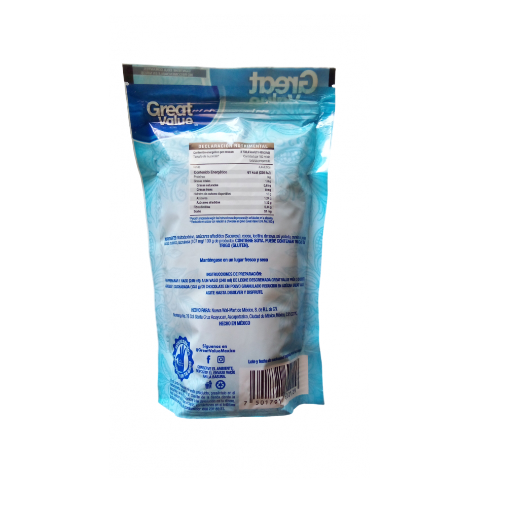 Chocolate en polvo granulado reducido en azúcar Great Value (250 g / 8.8 oz) - Miniatura 3