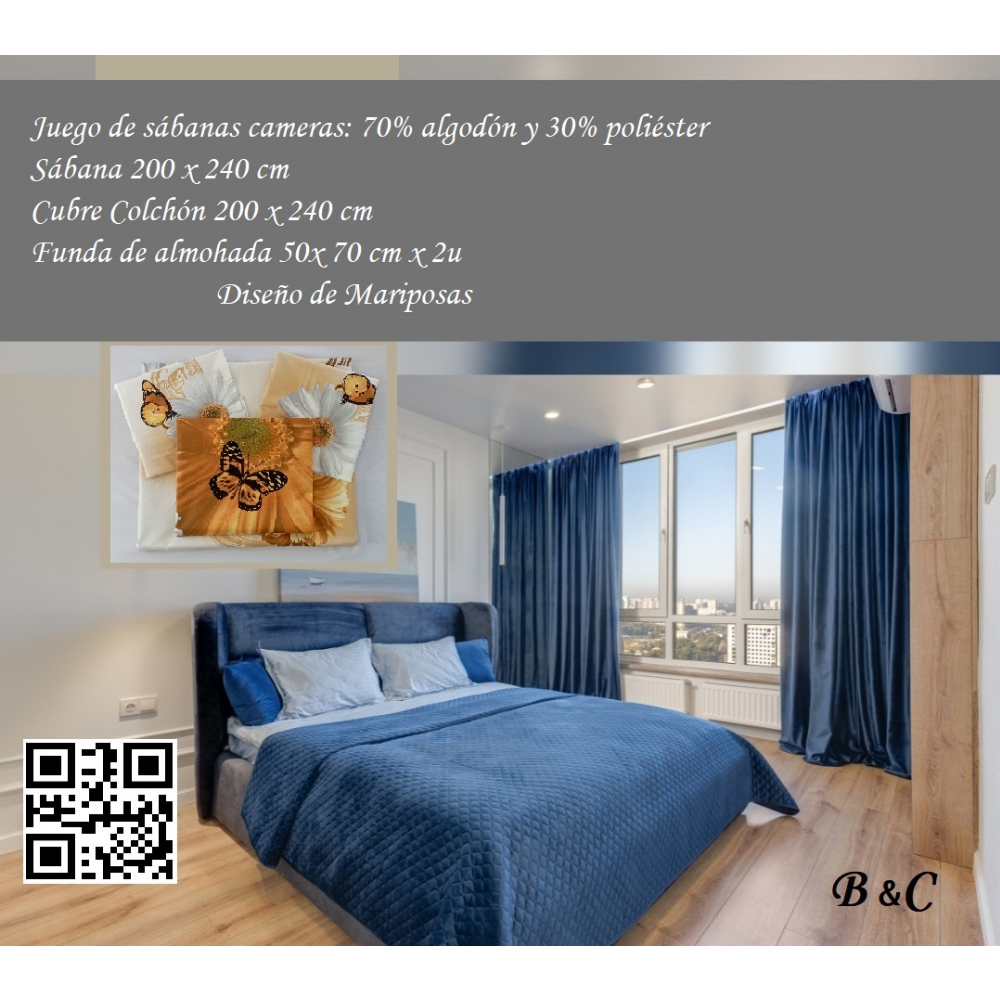 Juego de sábanas diseño de Mariposas 200 cm x 240 cm B&C - Miniatura 3