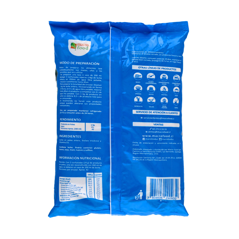 Leche entera en polvo Macro Food (1 kg / 2.2 lb) - Miniatura 2