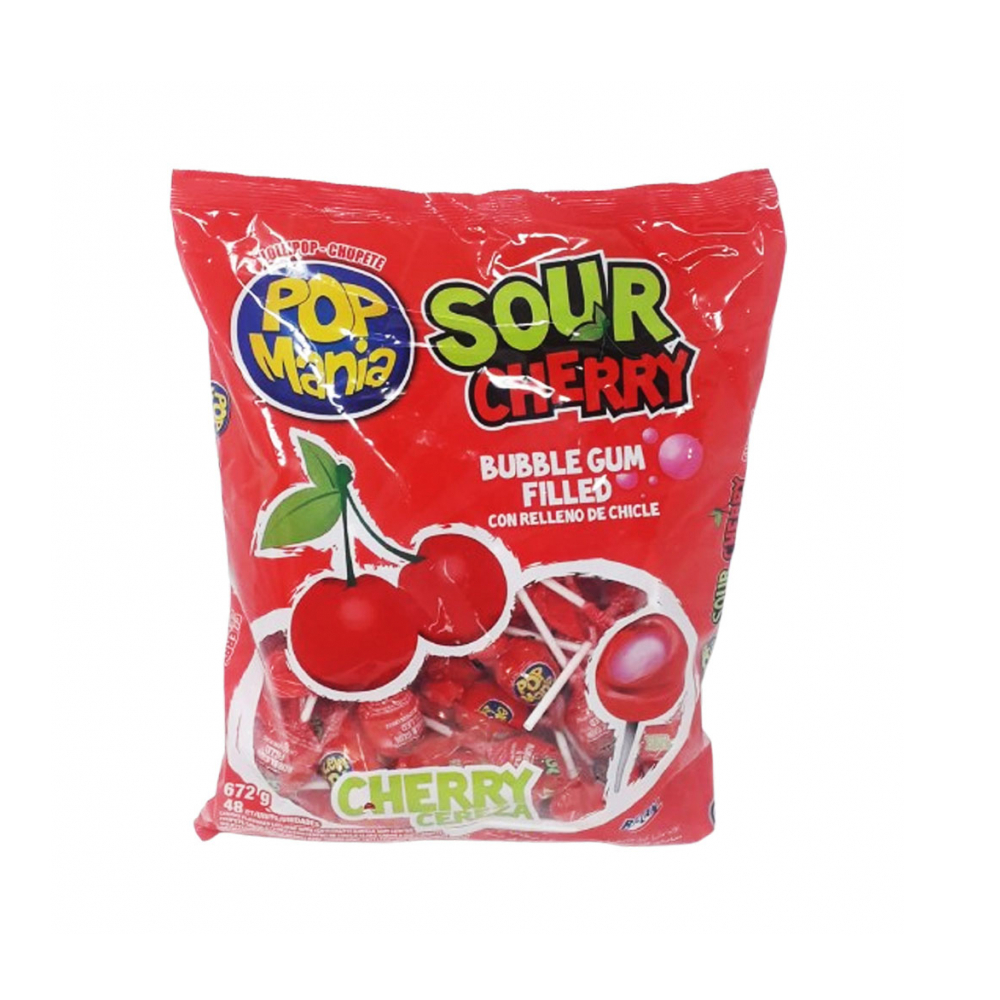 Pop Mania sour cherry lollipop with bubble gum filling (672 g