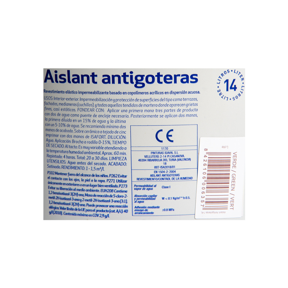 Pintura elástica impermeabilizante color verde aislante antigoteras Isaval (14 L) - Miniatura 2