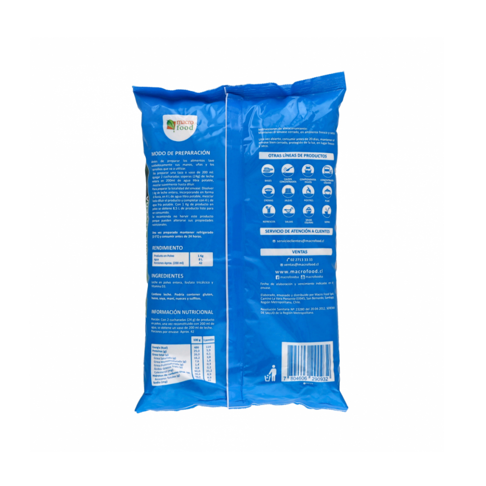Leche en polvo entera Macro Food (4 x 1 kg / 2.2 lb) - Miniatura 3