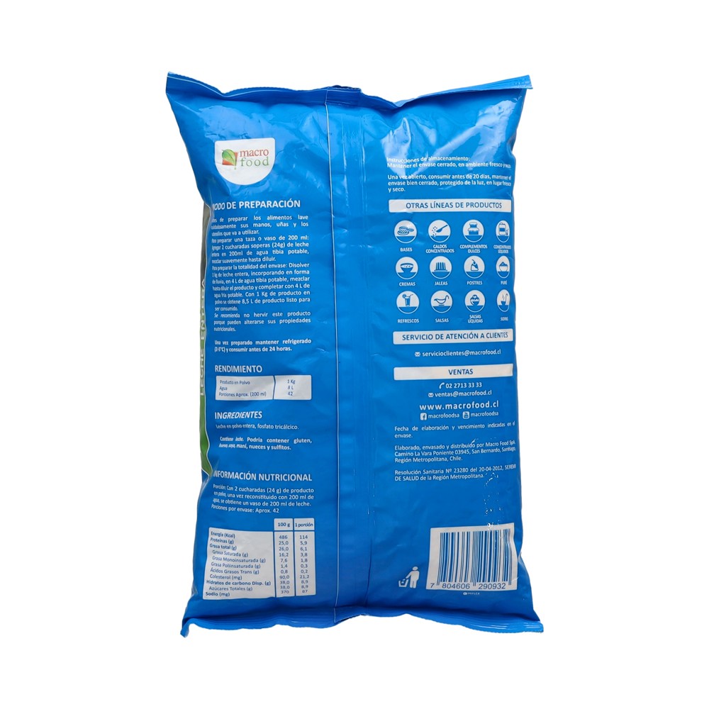 Leche entera en polvo 26 % MG Macro Food (1.0 kg / 2.2 lb) - Miniatura 2