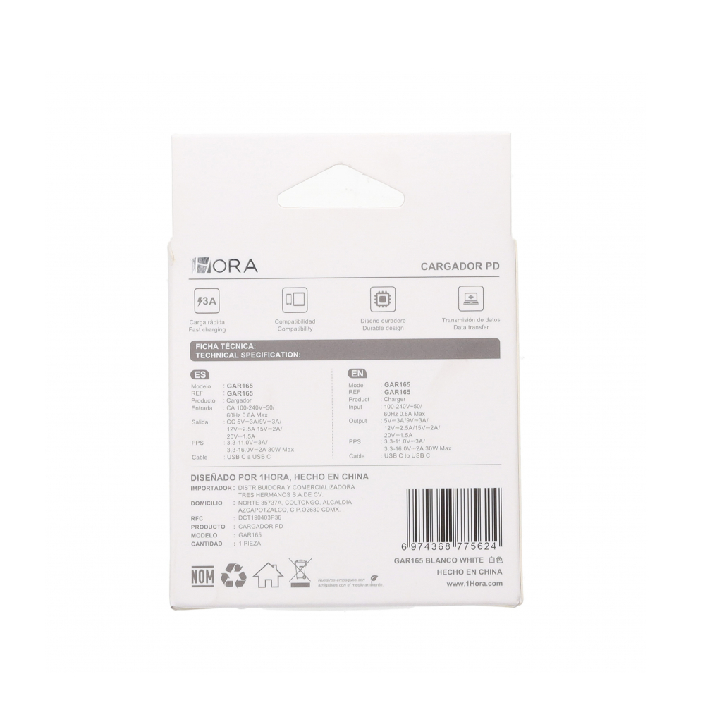 Cargador blanco tipo C PD 1Hora GAR165 (30 W) - Miniatura 3