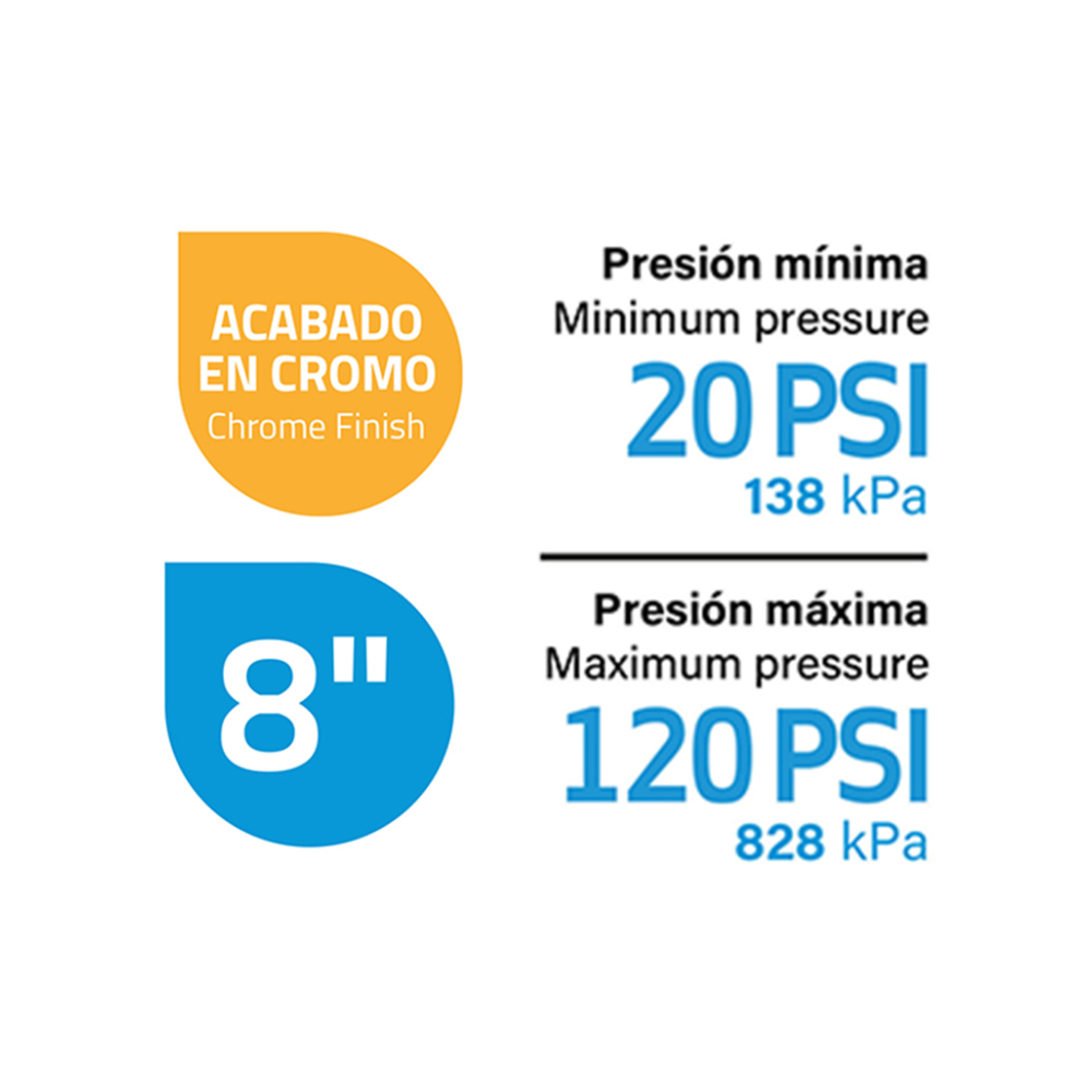 Regadera - ducha - redonda tipo lluvia acabado en cromo 8" Griven - Miniatura 3