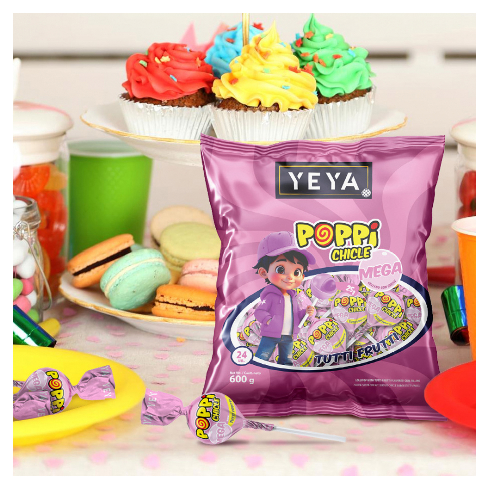 Chupa chupas con relleno de chicle sabor tutti frutti YEYA (2 x 600 g / 1.32 lb) - Miniatura 3