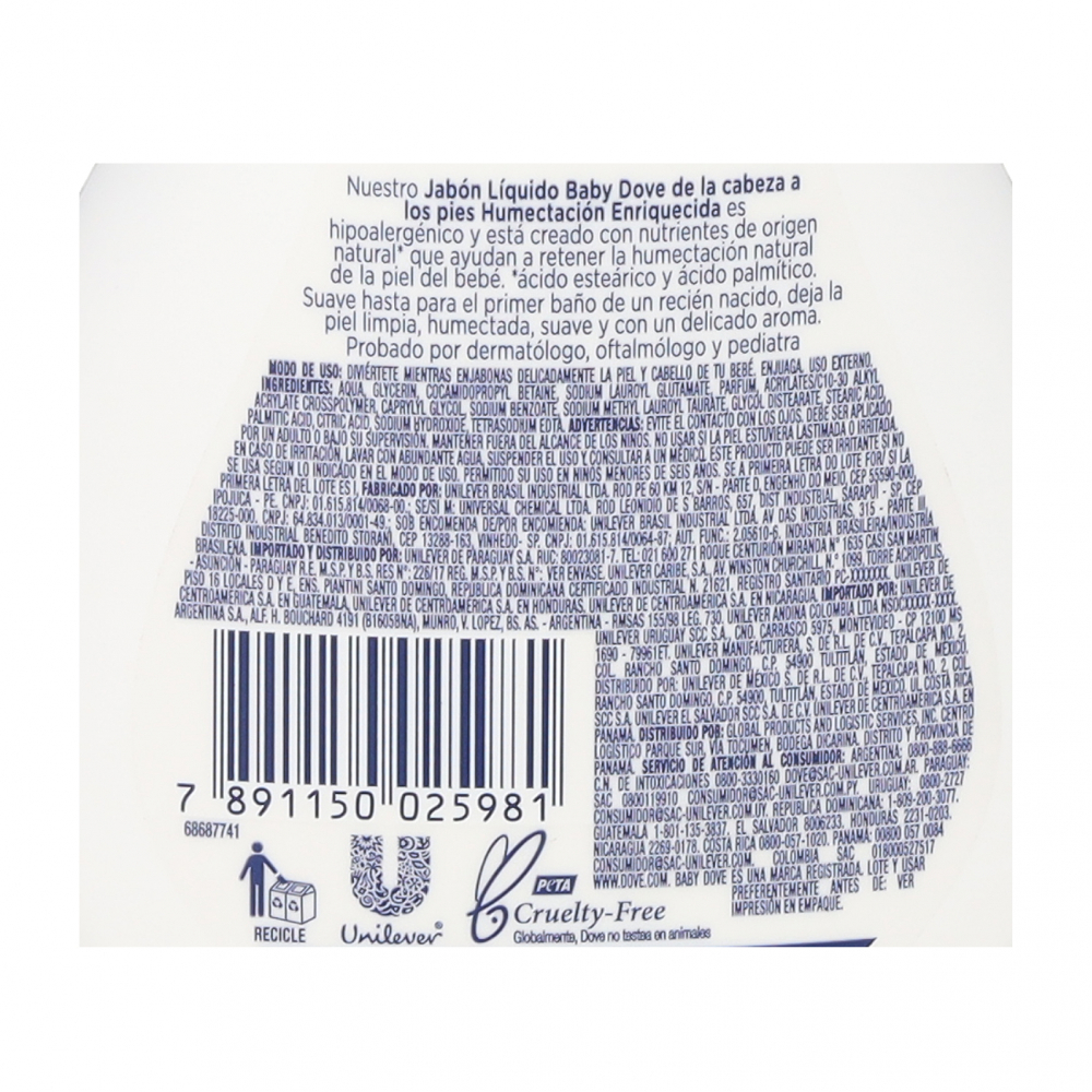 Jabón líquido para bebés humectación enriquecida baby Dove (200 ml) - Miniatura 3