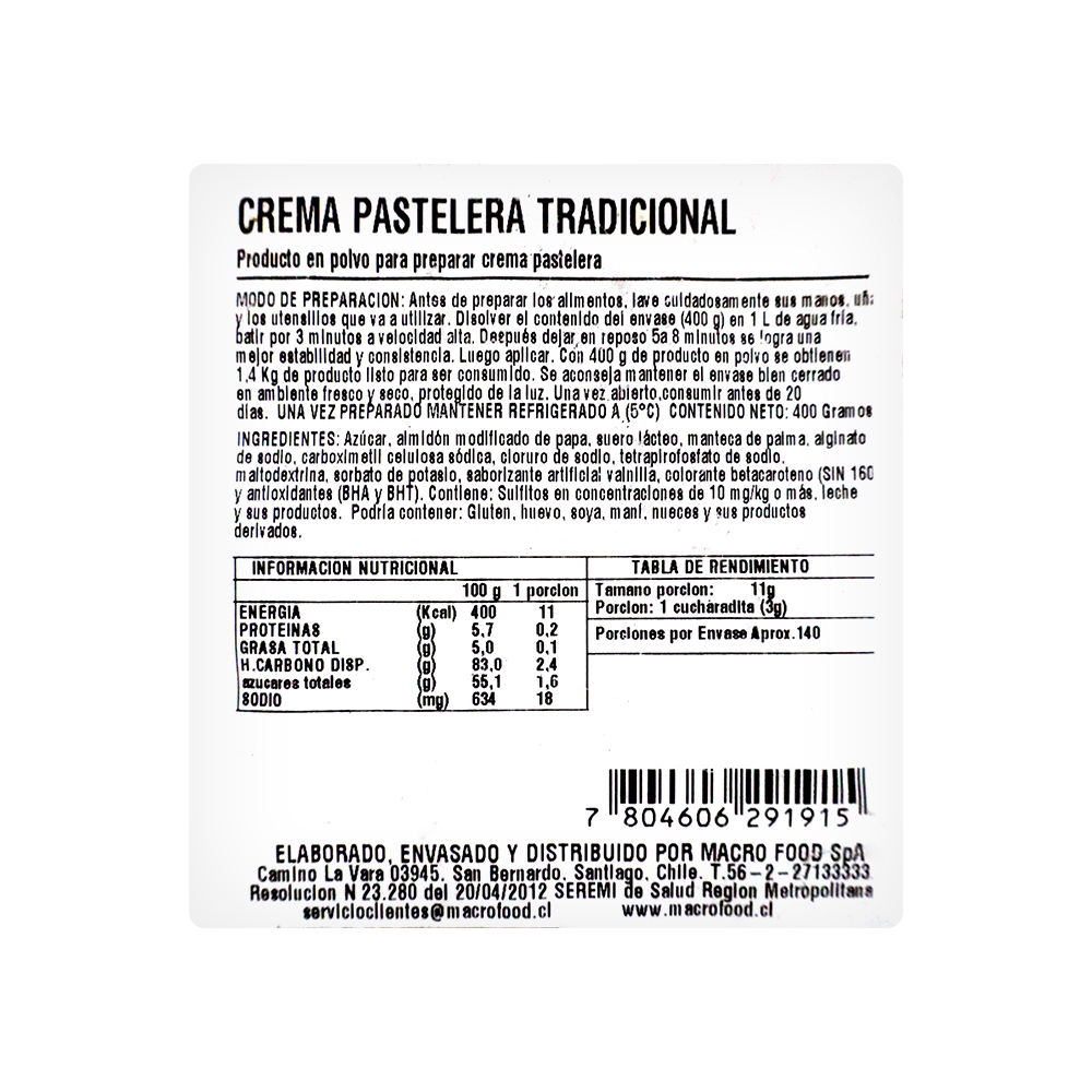 Producto en polvo para preparar crema pastelera tradicional Macro Food (400 g / 14.1 oz) - Miniatura 2