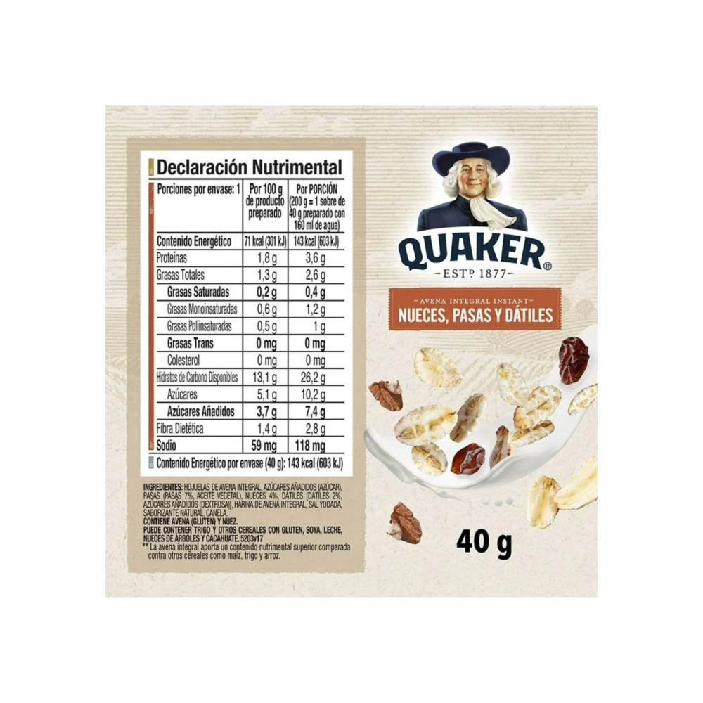 Combo de cereales de desayuno Quaker sabor nueces, pasas y dátiles (37 g / 1,30 oz) + chocoalmendra (40 g / 1,41 oz) + manzana y canela (40 g / 1,41 oz) - Miniatura 4