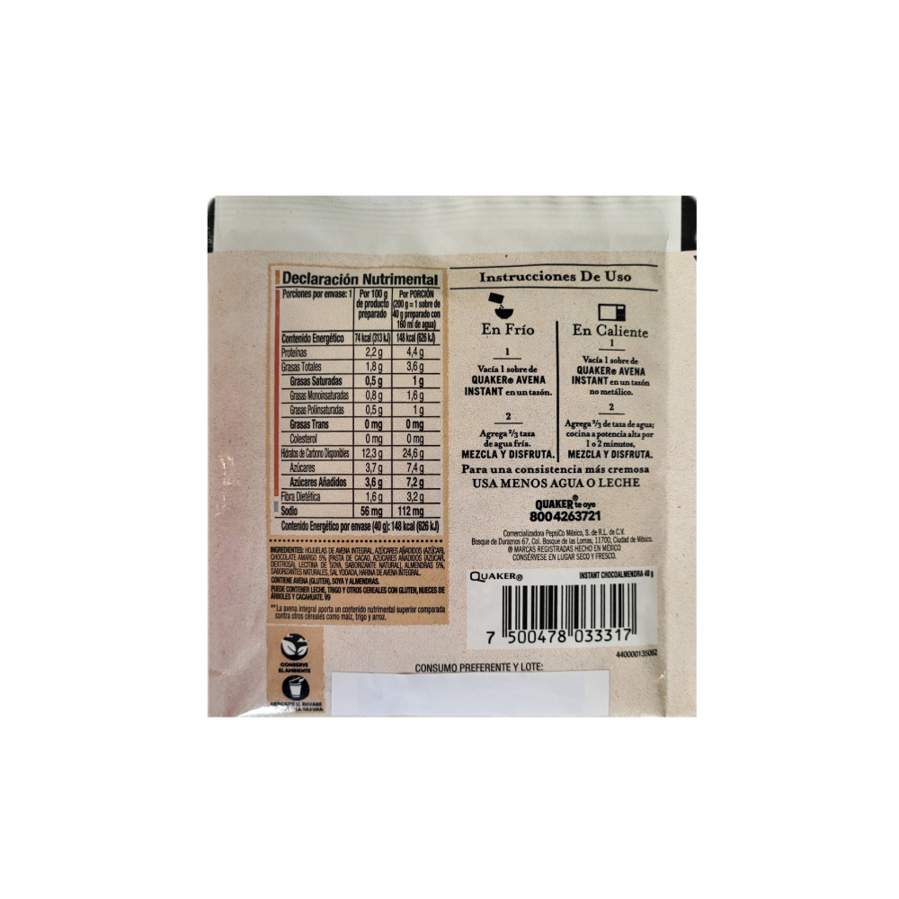 Avena integral instantanea sabor chocoalmendra Quaker (40 g / 1.41 oz) - Miniatura 2