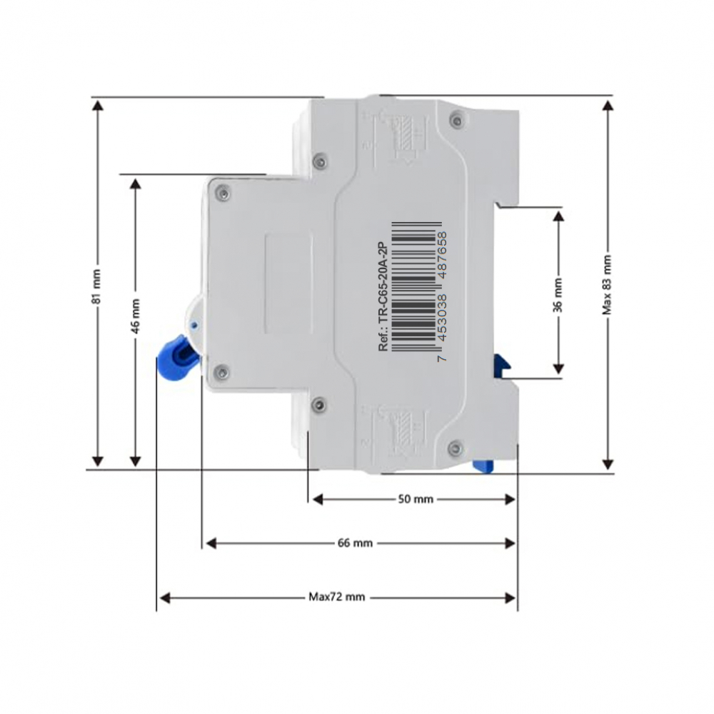 Interruptor termomagnético tipo europeo. Breaker de 20 A 2 polos Troen - Miniatura 3