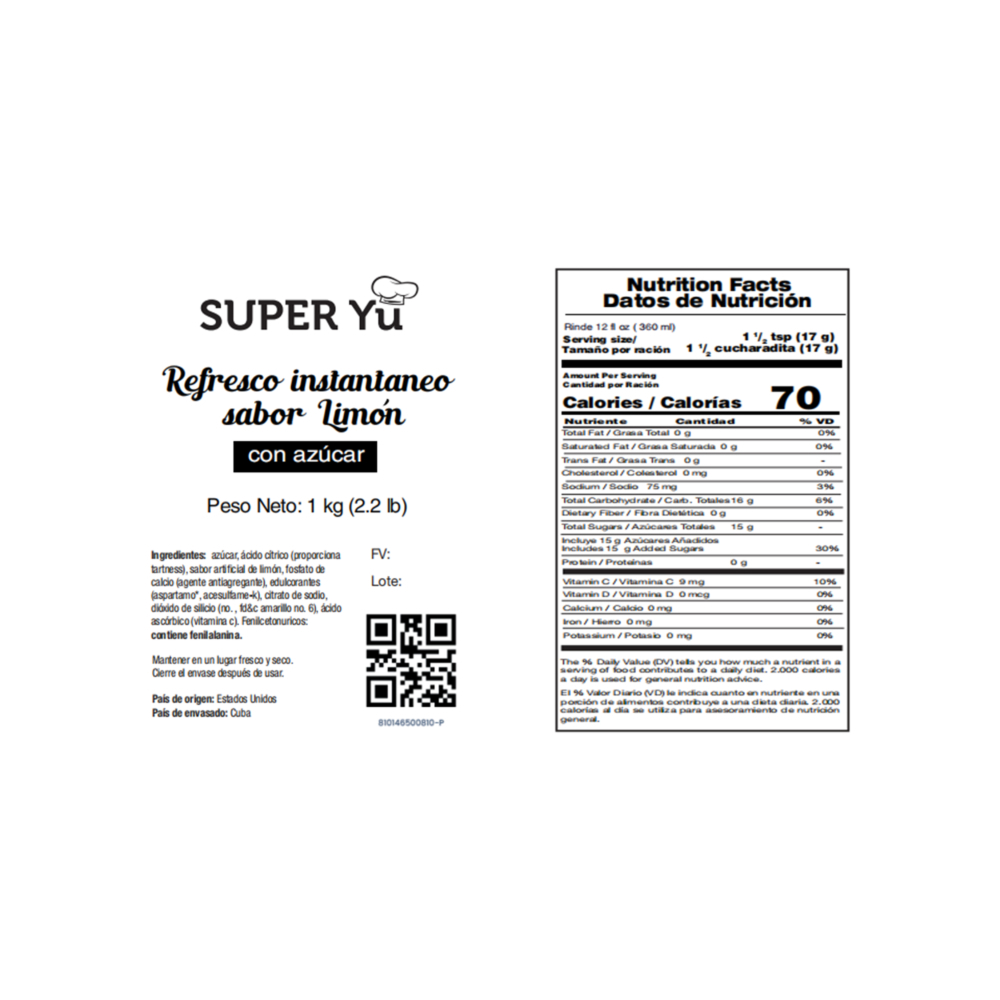 Refresco instantáneo sabor a limón Super Yu (1 kg / 2.2 lb) - Miniatura 2