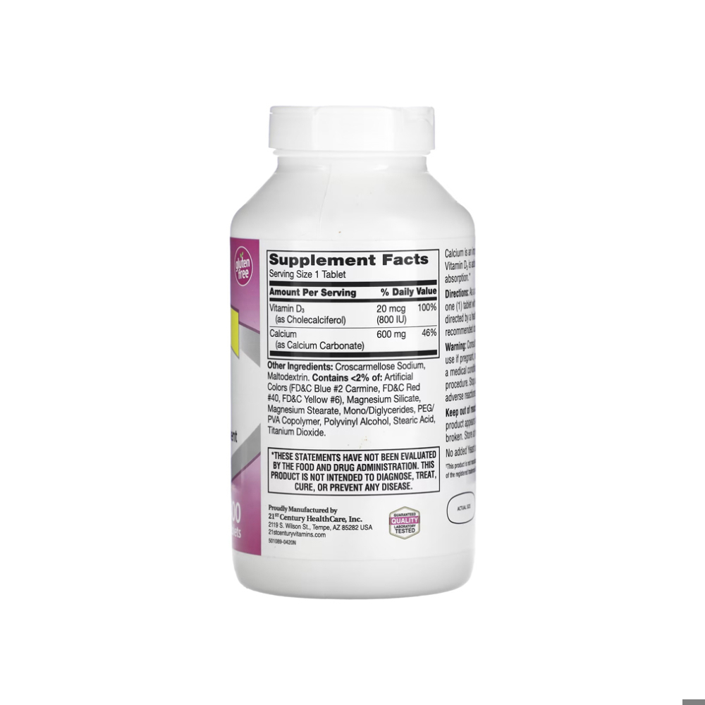 Suplemento de Calcio 600 mg + Vitamina D3 20 mcg 21st Century (400 tabletas) - Miniatura 3