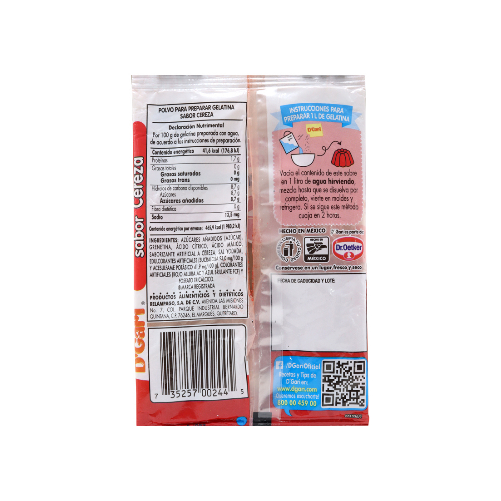 Polvo para prepara gelatina con agua - sabor cereza D'Gari (120 g / 4.23 oz) - Miniatura 4