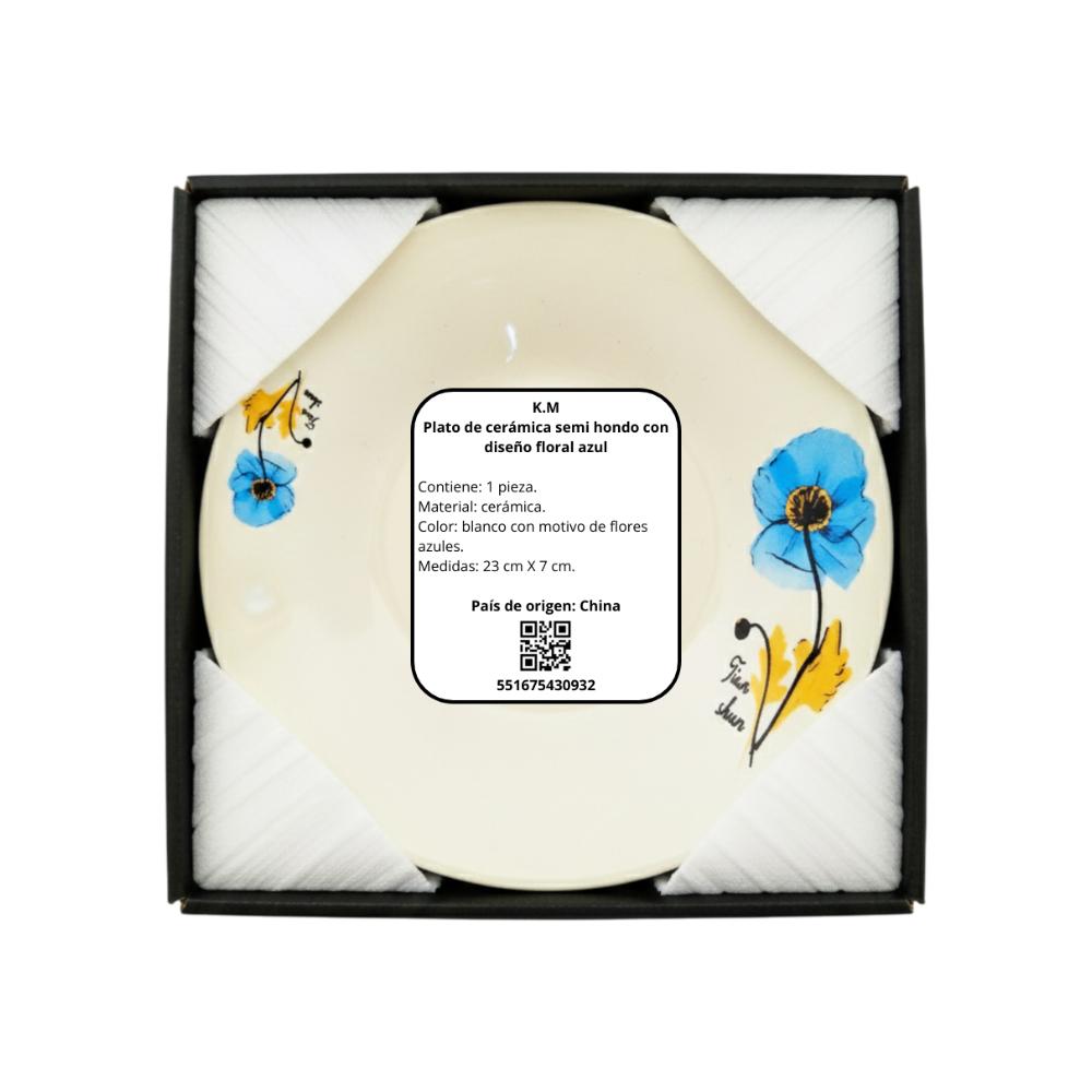 Plato de cerámica semi hondo con diseño floral azul K.M - Miniatura 3
