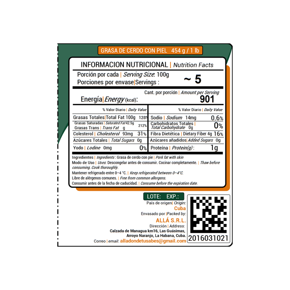 Grasa de cerdo con piel ALLÁ (1.36 kg / 3 lb) - Miniatura 3