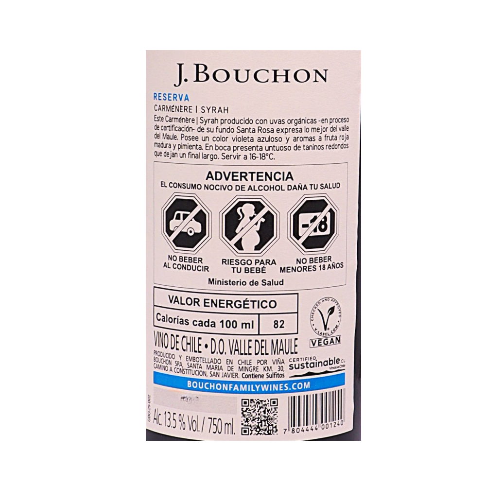 Vino tinto Reserva Carménère - Syrah J. Bouchon (750 ml) - Miniatura 2