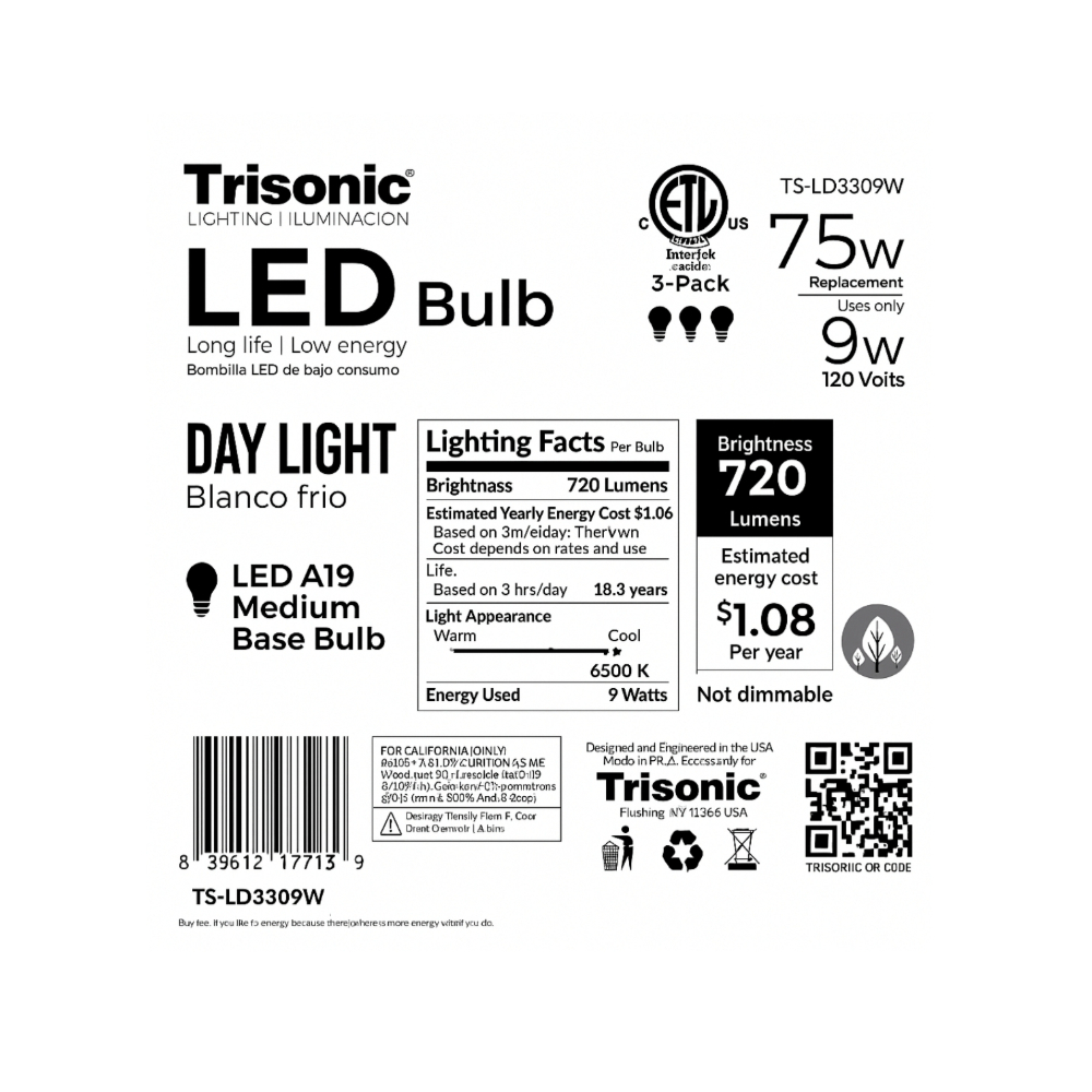 Paquete de tres bombillasTrisonic TS-LD3309W (9 W) - Miniatura 2