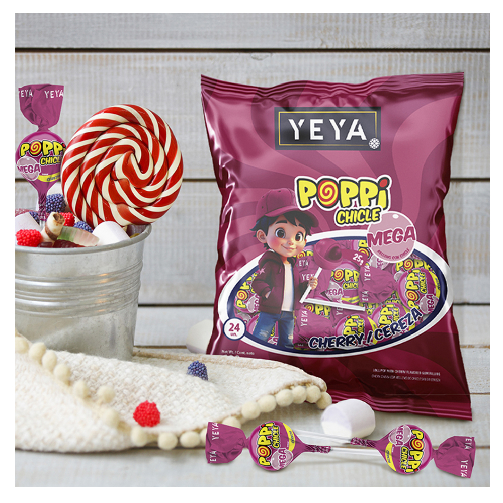 Chupa chupas con relleno de chicle sabor cereza YEYA (3 x 600 g / 1.32 lb) - Miniatura 3