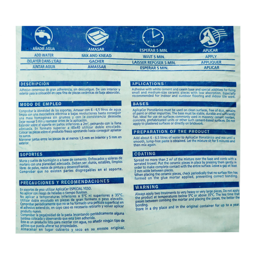 Mortero cola porcelánico C2TE S1 para interiores y exteriores Aplicacer (25 kg / 55.11 lb) - Miniatura 4