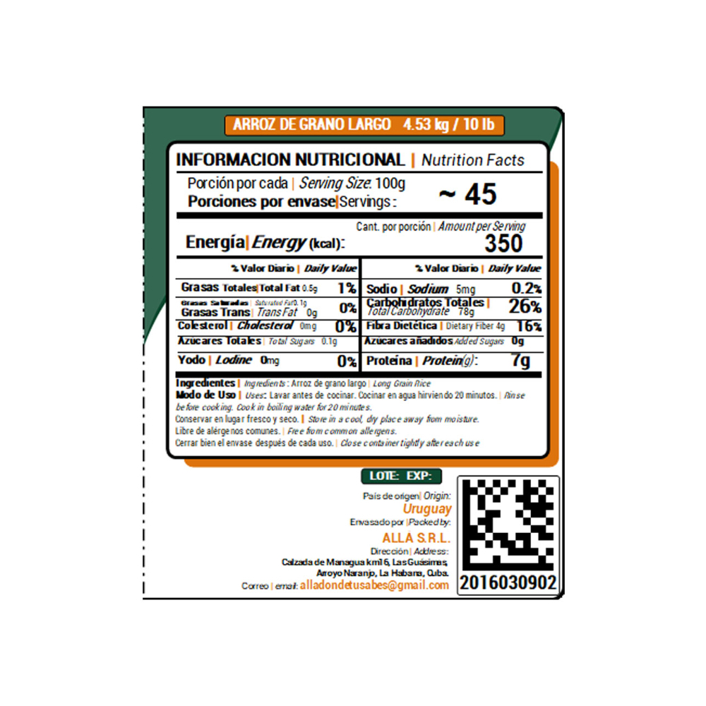 Arroz de grano largo ALLÁ (4.53 kg / 10 lb) - Miniatura 2