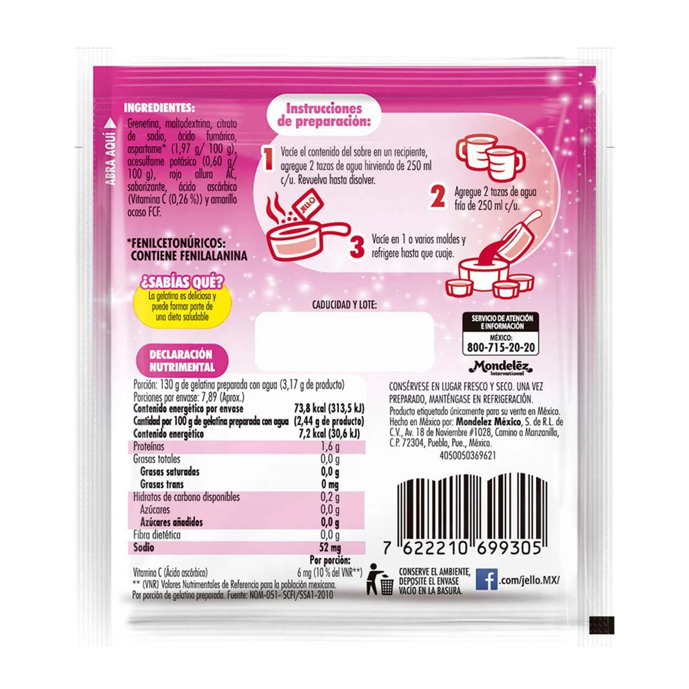 Gelatina sin azúcar fortificada con vitamina C sabor frambuesa Jell-O (25 g) - Miniatura 2