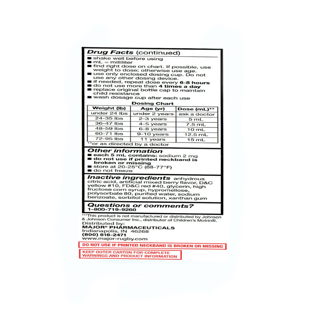 Ibuprofeno para niños en suspensión oral sabor fresa 100 mg / 5 ml Major (120 ml / 4 oz) - Miniatura 3
