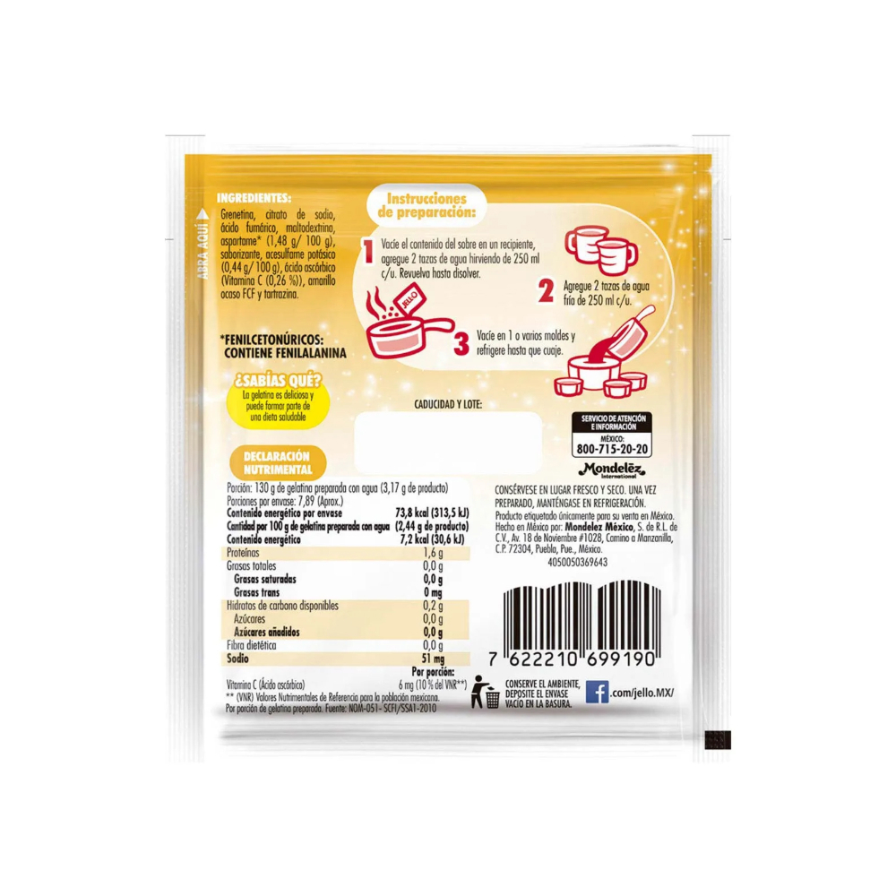 Polvo para preparar gelatina sin azúcar fortificada con Vit C sabor a mango Jell-O (25 g) - Miniatura 2