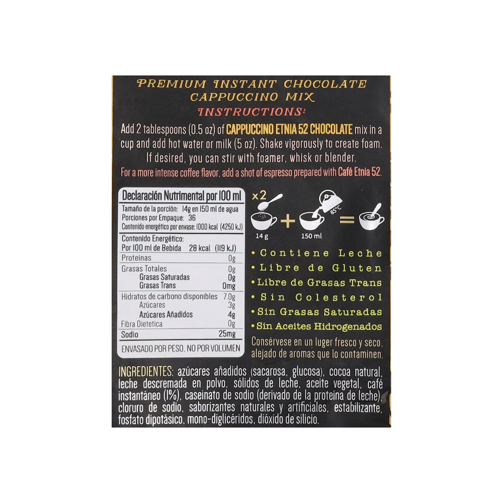 Polvo instantáneo para preparar bebida de café capuchino sabor chocolate Etnia 52 (500 g / 1.1 lb) - Miniatura 2
