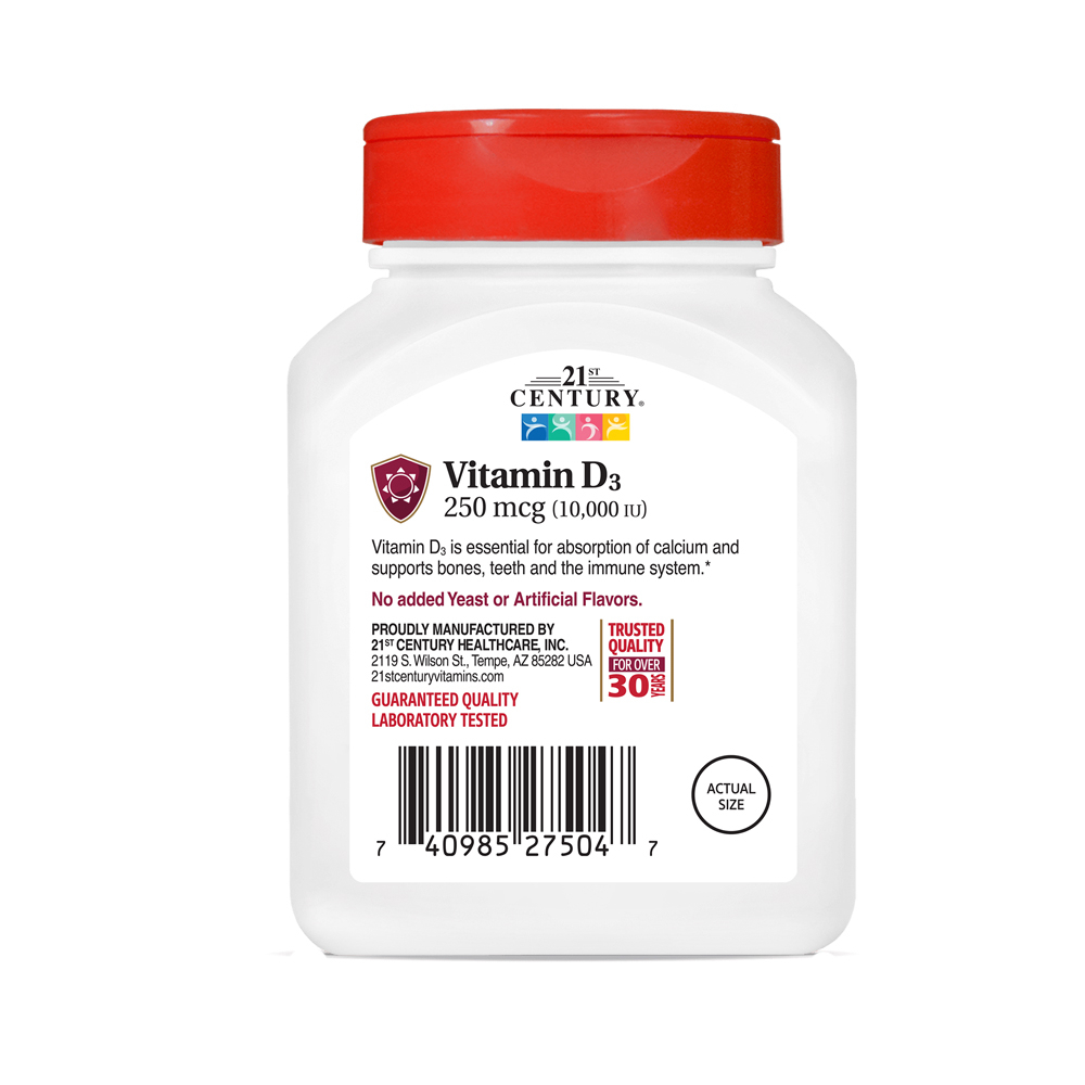 Vitamina D3 250 mcg - 10.000 UI 21st Century (110 tabletas) - Miniatura 3