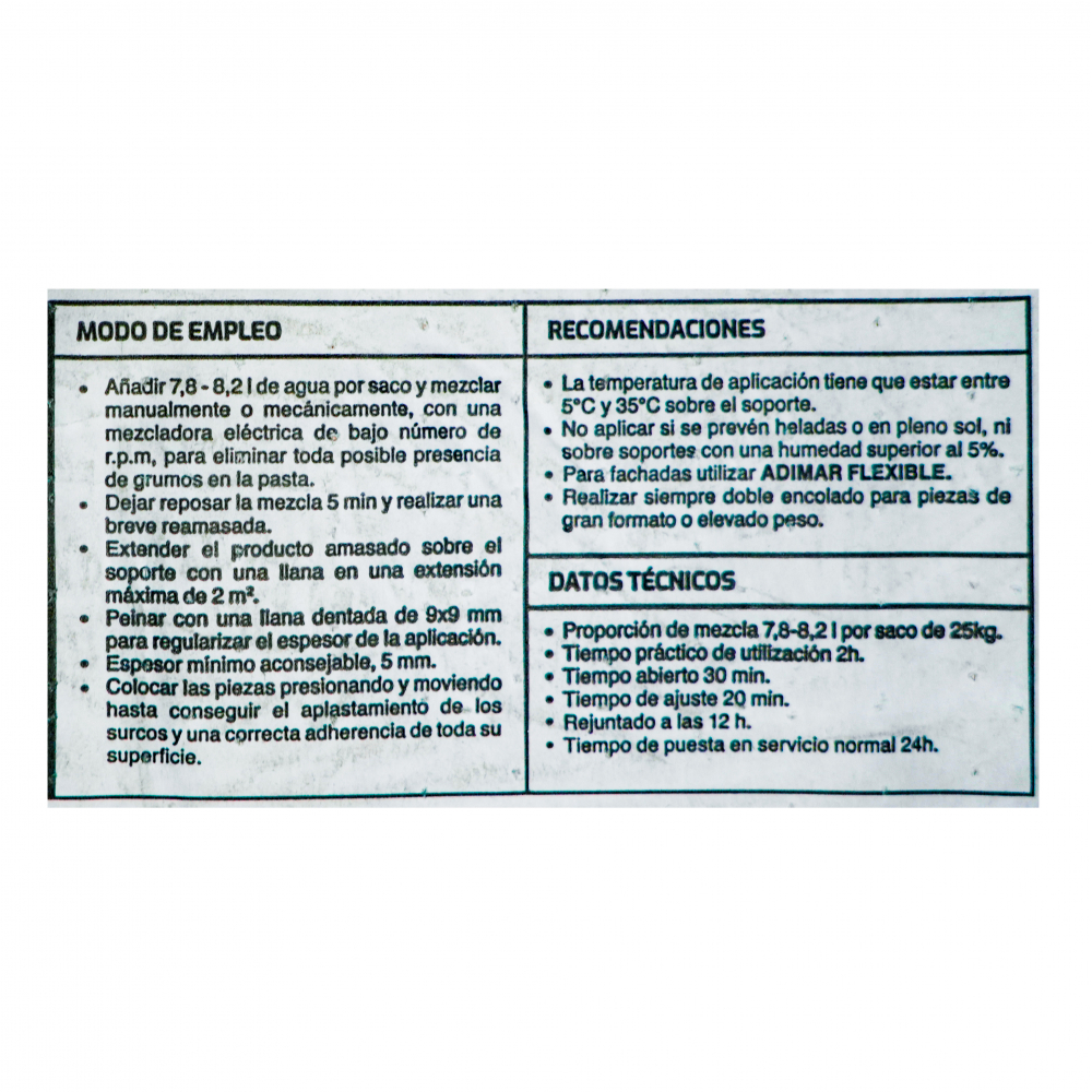 Adhesivo cementoso porcelánico blanco Adimar (25 kg / 55.11 lb) - Miniatura 4